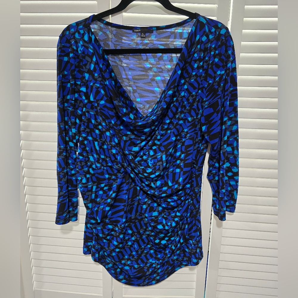 Chaus Blue and Black Abstract Women's Cowelneck Blouse